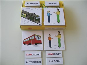 Obrazek Zestaw dydaktyczny. Komu daje? Czym jedzie?